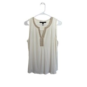 White House Black Market Embellished Split Neck Sleeveless Top Cream Womens M